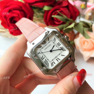 Best Copy Cartier Santos Lady Watch Pink Leather Strap White Roman Face